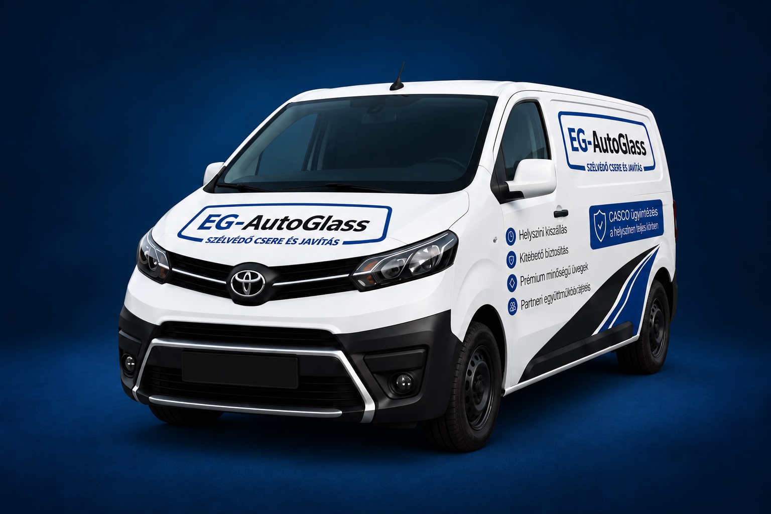 Az EG-AutoGlass fehér Toyota szervizautója